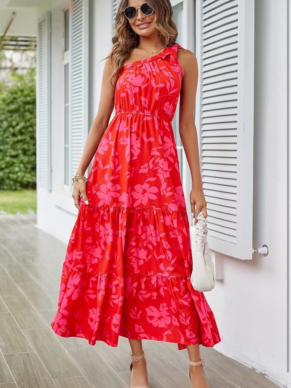 Red Floral One-Shoulder Maxi Dress - Women